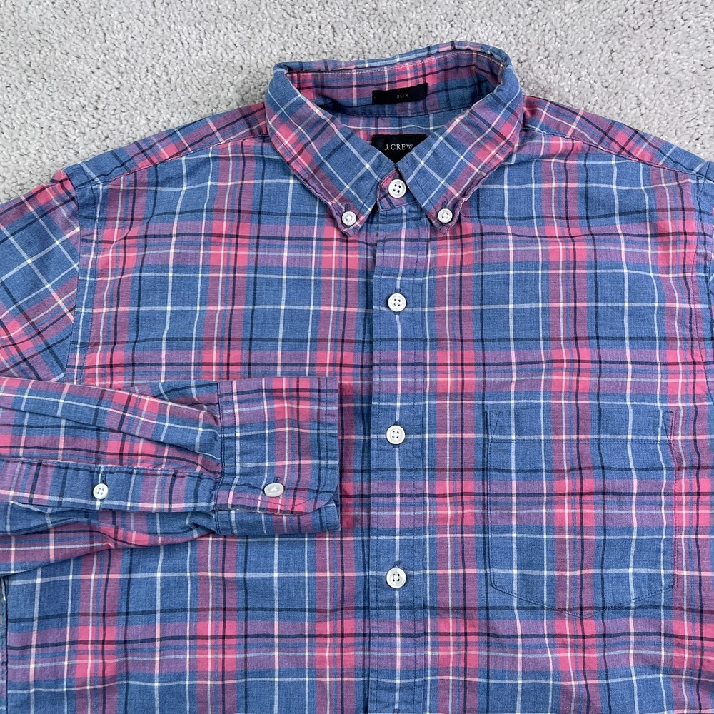 J Crew Shirt Mens Small Blue Pink Plaid Slim Fit‎ Oxford Button Up